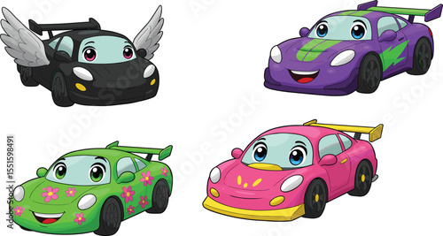 Cartoon racing cars with smiling faces, colorful sporty vehicles, animated happy car characters, children’s race car illustration, cute automotive design, fun cartoon transportation image