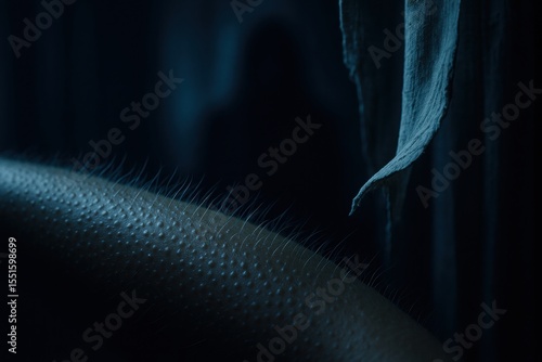 Close-up of skin with goosebumps and spiky hair follicles under eerie blue light, evoking scary sensation

