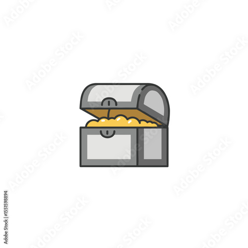 Cartoon treasure chest with golden coins open lid and gray outline.