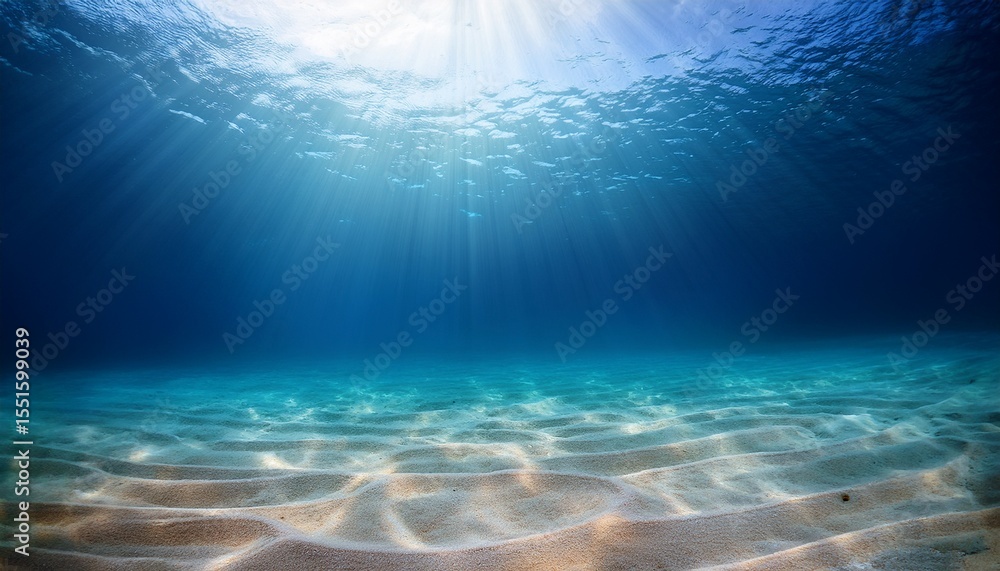 Naklejka premium underwater background deep blue sea and beautiful light rays with sandy floor