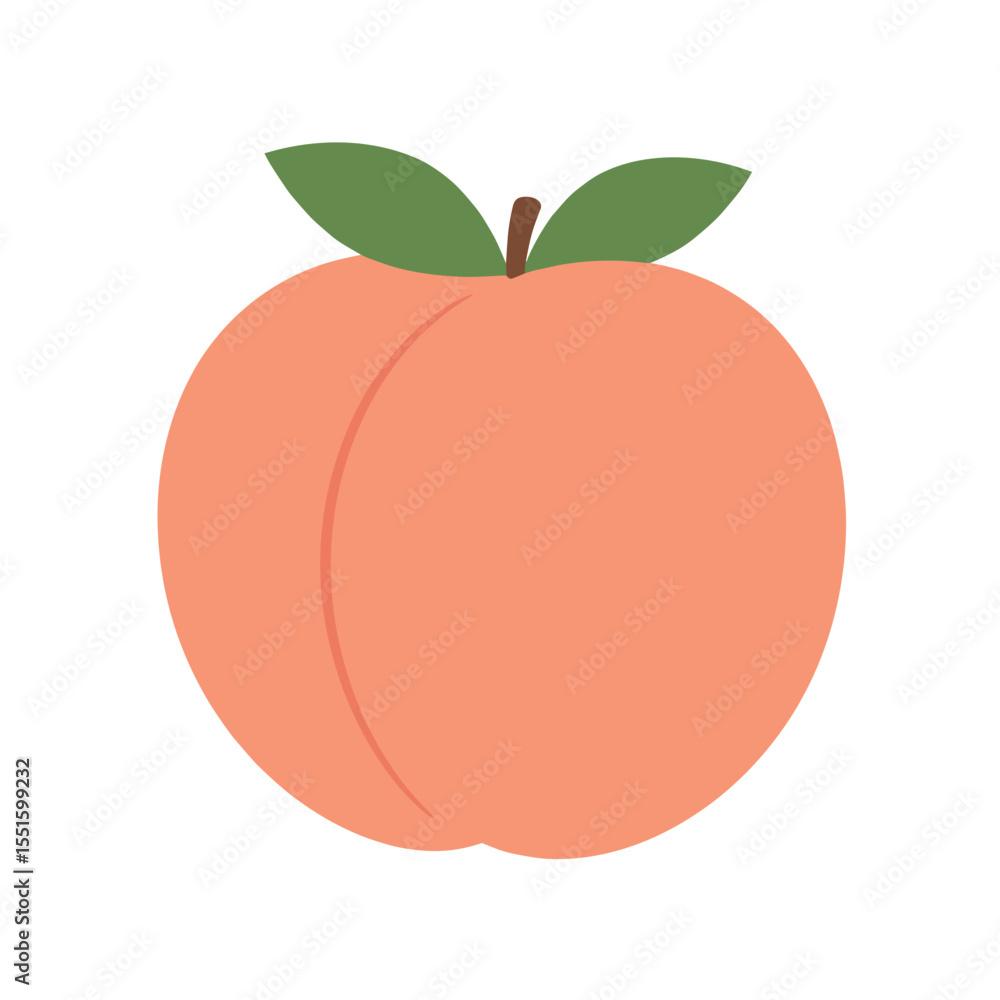 Fototapeta premium Simple Peach Illustration with Green Leaves and Brown Stem Fresh Fruit.