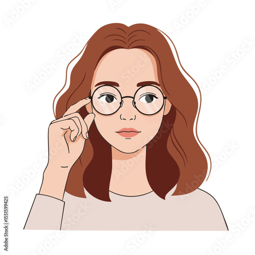 Thoughtful Girl Adjusting Round Glasses with One Finger, Flat Vector