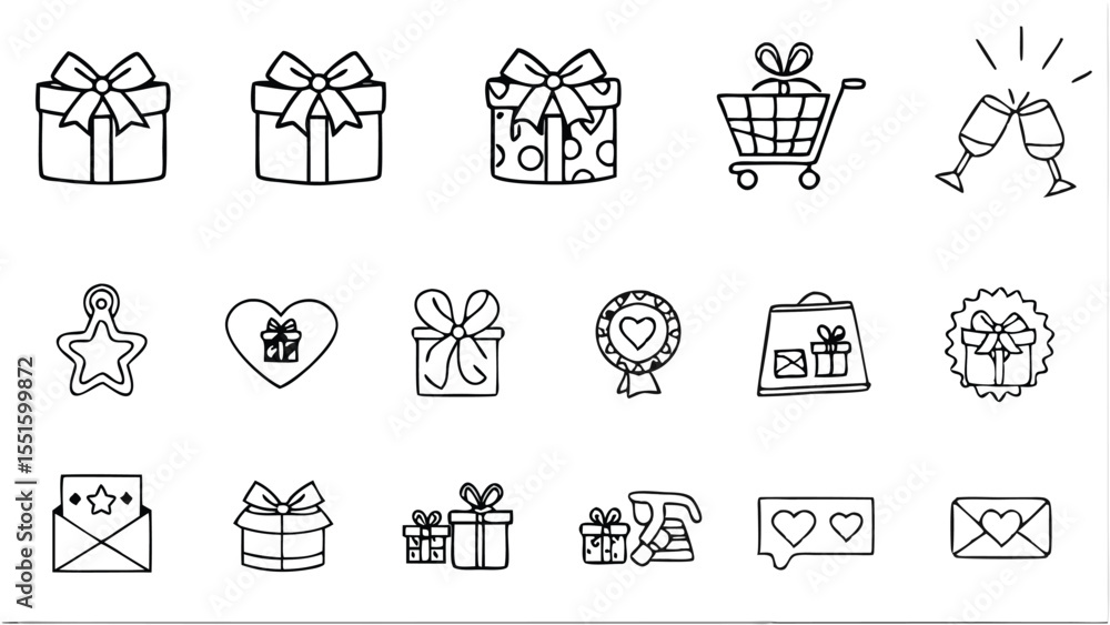 Fototapeta premium Collection of fifteen hand drawn style gift and love related icons in black outline on a white background