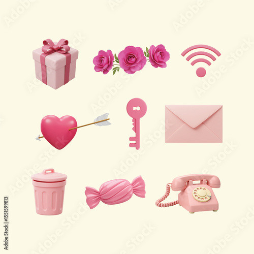 Pink Valentine's Day 3D Icon Set Gift, Roses, Wi-Fi, Heart, Key, Envelope, Trash, Candy, Phone - Perfect for Digital Design Projects