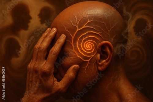 Man covers his face in distress, spiral glowing on bald head with branching veins, shadowy whisper silhouettes in the background.

