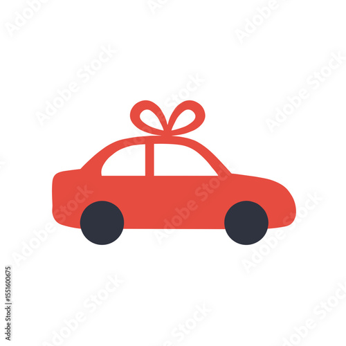 Stylized Red Car with Bow Gift Concept Dark Wheels Simplified Design.