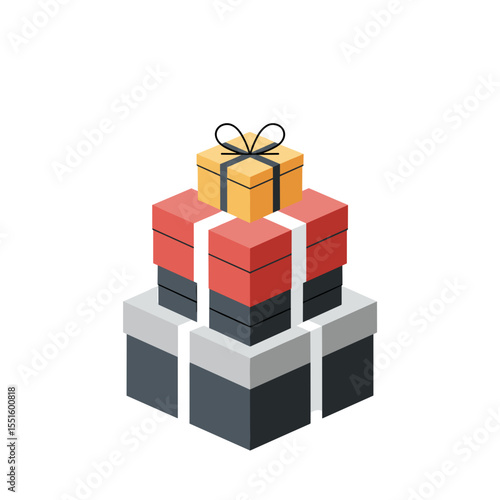 Stacked Isometric Gift Boxes with Ribbon Red Gold and Gray Presents.