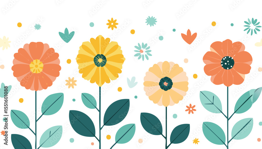 Set of spring modern backgrounds with minimalist geometric flowers. Flat trendy design. Vector template for poster, branding, ads, flower, border, c