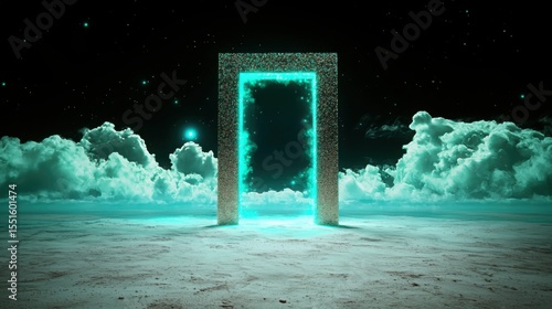 Open door in the desert with abstract shimmering particle award reflecting light and glitter