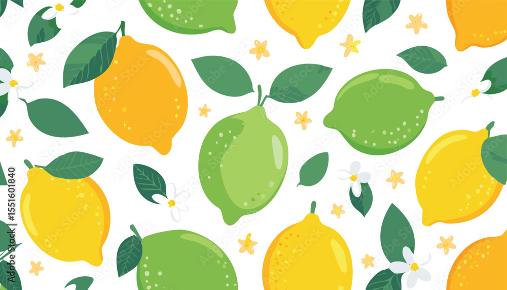 Obraz premium Trendy fruit citrus seamless pattern. Tropical bright summer background with hand drawn lemons, flowers and leaves. Modern design for paper, cover, fabric.leaf, collage, graphic, juicy, ornate, party,