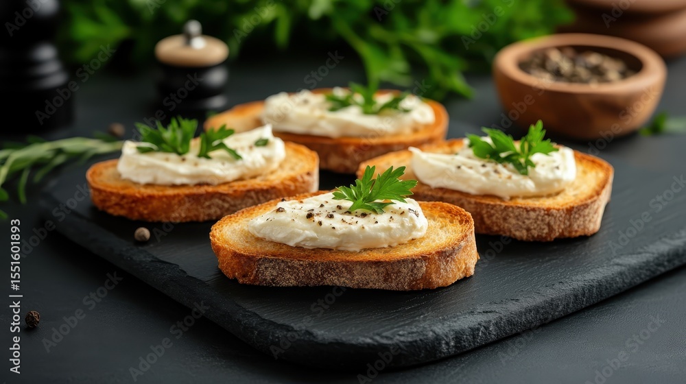 A beautifully arranged platter of toasted bread topped with creamy spread and herbs, inviting and vibrant, perfect for social gatherings or gourmet events showcasing culinary artistry. A beautifully arranged platter of toasted bread topped with creamy spread and herbs, inviting and vibrant, perfect for social gatherings or gourmet events showcasing culinary artistry.