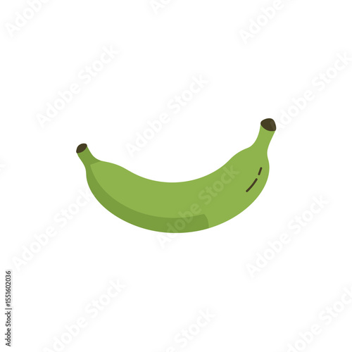 Unripe green banana with dark brown stem ends slightly curved shape.