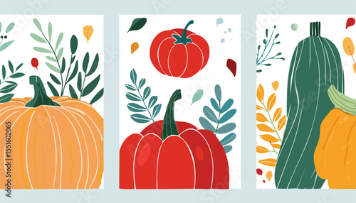 Set of abstract art poster in vegetables. Modern print with hand drawn red peppers or paprika, pumpkin, tomato, zucchini or vegetable marrow. Vector trendy illustration for card,harvest, menu, poster,