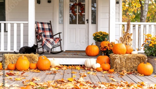 Autumn porch decorated with pumpkins and fall foliage. A rocking chair sits on a white porch with a black cat resting nearby