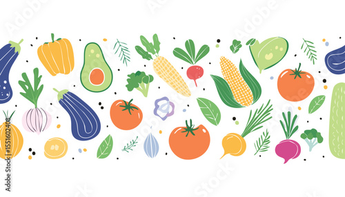 Hand drawn colorful vegetables. Modern abstract minimal style. Healthy organic food. Salad, radish tomatoes, onion, zucchini, eggplant, leek, potatoes, corn, peppers. Vector.graphic, harvest, menu,