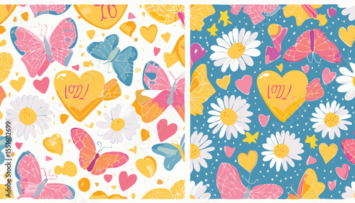 seamless patterns with butterfly, daisy, chess, mesh, heart. Set of vector backgrounds.butterfly, funky, graphic, mesh, minimal, pop, poster, print, wavy, daisy, geometric, groovy, love, square, 