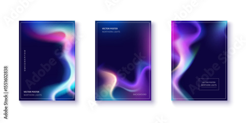 Dynamic aurora gradient background collection with cosmic northern lights. Smooth color transitions blend blue, pink and purple hues creating fluid abstract patterns. Premium modern vector posters.