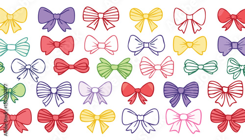  hand drawn various colorful bow knots, ribbons and bows. Hair accessories. Bow knots for holiday gifts. Trendy flat vector illustration. Perfect for poster, cards,birthday, doodle, graphic, greeting,