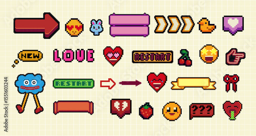 Pixels Y2k funny playful emoticon, frame, arrow, icon stickers. . 8-bit retro style vector illustration for social media. Set of pixel art. Emoji pixelated icons.