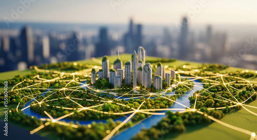 Fototapeta Naklejka Na Ścianę i Meble -  Miniature cityscape integrated with nature, showcasing interconnectedness and sustainable urban planning, symbolizing eco-friendly development and smart city concepts