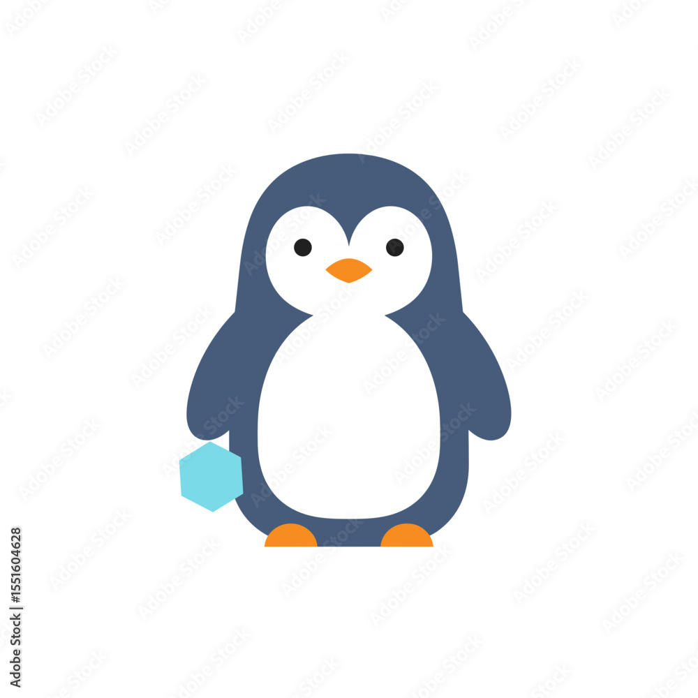 Fototapeta premium Cartoon Penguin Holding a Light Blue Hexagon Standing Upright.