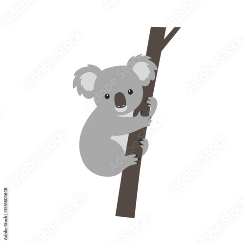 Cartoon Koala clinging to a brown tree branch with fluffy ears.