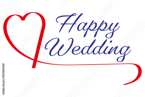 筆記体でおしゃれに書いた、Happy Wedding（結婚おめでとう）の、おしゃれな手書き風のロゴマークと、リボンが描くハートのマーク
