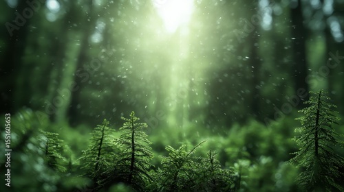A breathtaking view of light streaming through a rich green forest, highlighting the beauty of nature and evoking a sense of peace and tranquility among abundant greenery.