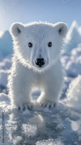 Climate change and global warming are causing melting ice, leaving the icebear threatened and standing alone on a floating floe in the sea under the arctic sky, on the verge of becoming extinct and