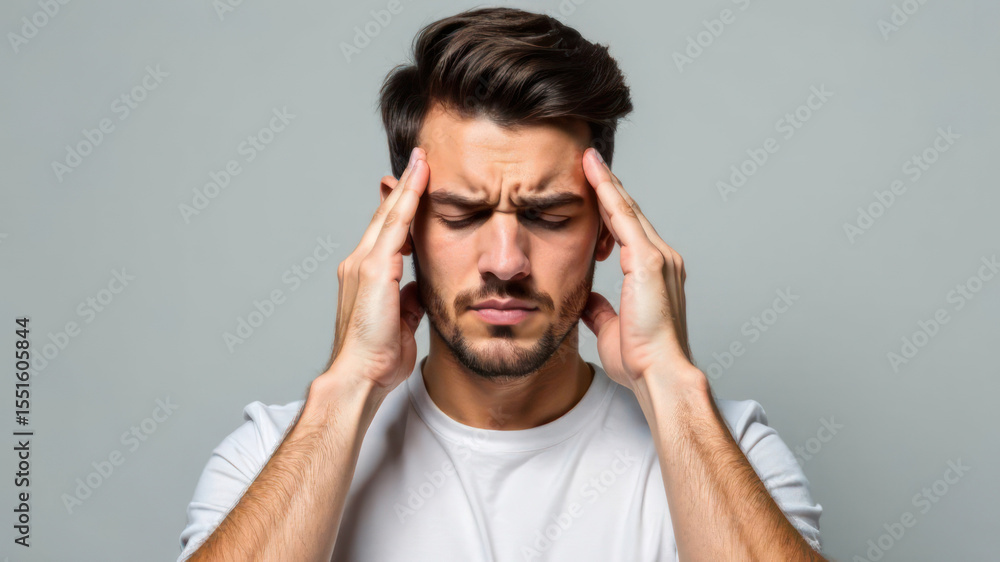 young caucasian man in white t-shirt with eyes closed holding head with both hands. feeling stressed or experiencing headache. mental health, stress relief concept. website poster young caucasian man in white t-shirt with eyes closed holding head with both hands. feeling stressed or experiencing headache. mental health, stress relief concept. website poster
