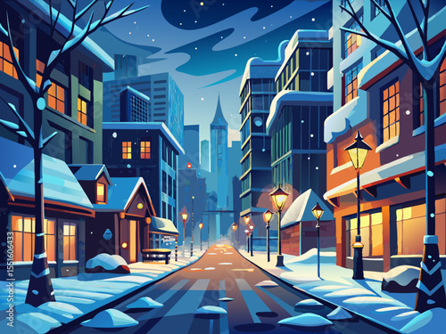 vector of Snow storm in a city with cold ambient light, icy streets, quiet city