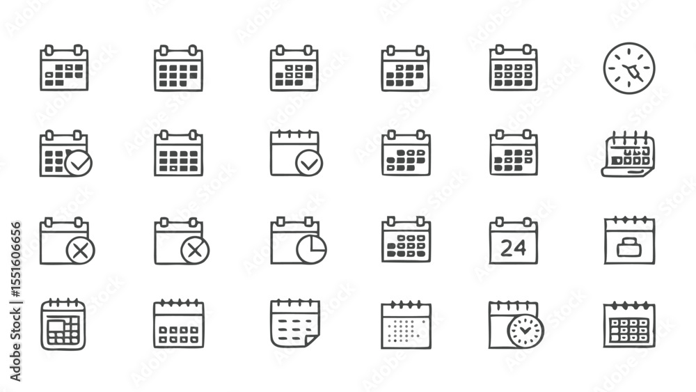 Collection of calendar icons with different styles and symbols in a doodle style illustration Collection of calendar icons with different styles and symbols in a doodle style illustration