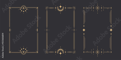 Golden tarot frame collection with celestial moon symbols on dark background - mystical rectangular borders with stars, crescents and ornate corner for spiritual card design. Elegant occult decoration