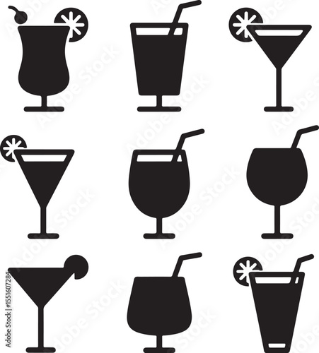 Collection of nine black cocktail glass icons with garnishes silhouette