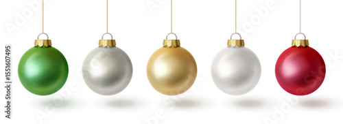 Christmas tree bauble set in 3d realistic glass style - green, silver, gold, white and red ornaments hanging on strings with golden caps, isolated on white background for holiday decoration designs.