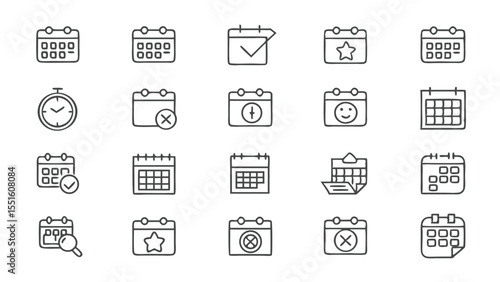 Collection of calendar icons with various symbols representing time management and scheduling features