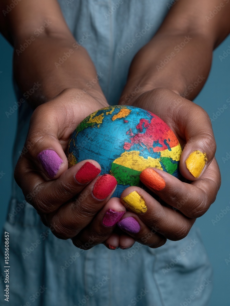 custom made wallpaper toronto digitalHands Holding a Small Colorful World Globe with Painted Nails Against a Blue Background