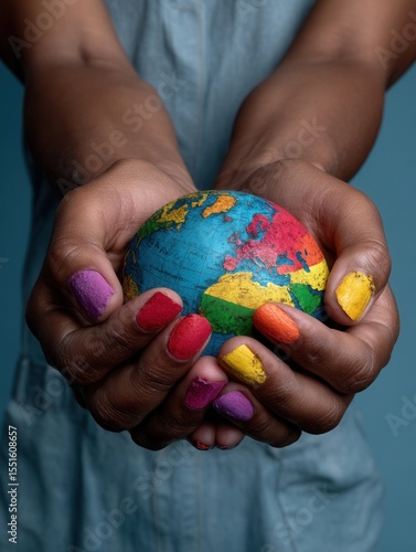 Wallpaper Mural Hands Holding a Small Colorful World Globe with Painted Nails Against a Blue Background Torontodigital.ca