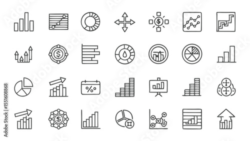 Collection of hand drawn style business and finance charts and graphs in a grid arrangement