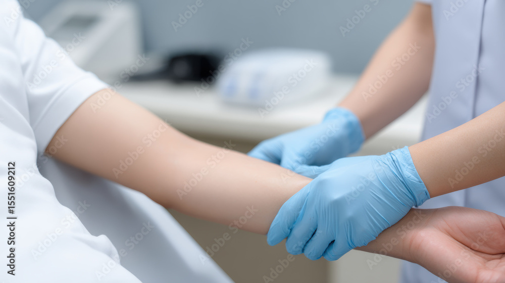 Obraz premium Healthcare worker preparing arm for fluid donation, wearing blue gloves, demonstrating professionalism and care in clinical setting. atmosphere is calm and focused