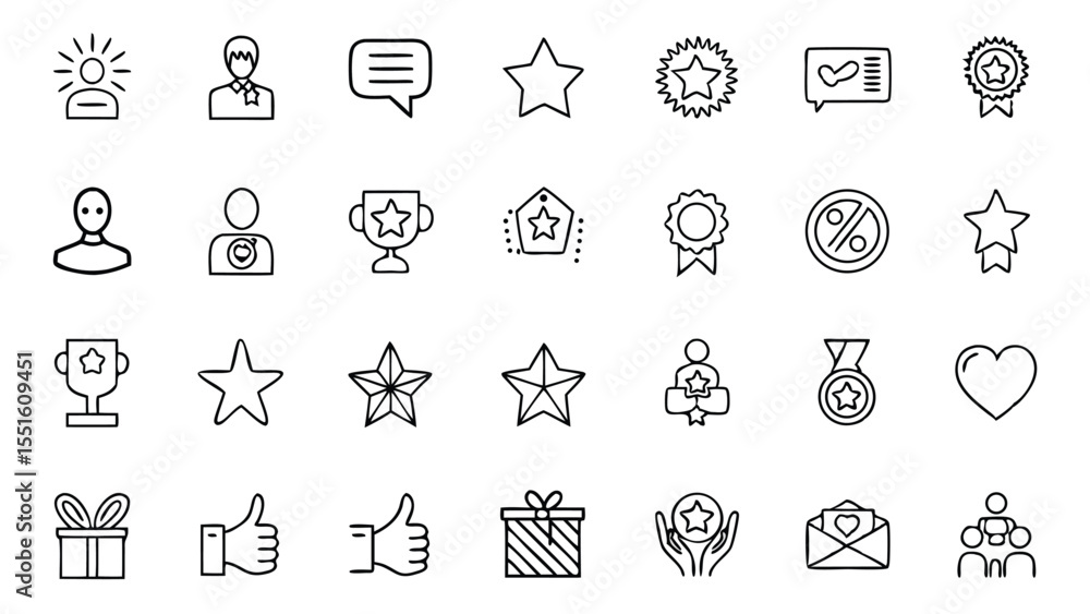Illustration of a collection of outline icons representing achievement, rewards, and recognition symbols Illustration of a collection of outline icons representing achievement, rewards, and recognition symbols