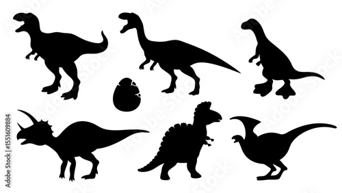 Vector illustration of dinosaur silhouette including Stegosaurus, Brontosaurus, Velociraptor, Triceratops, Tyrannosaurus rex
