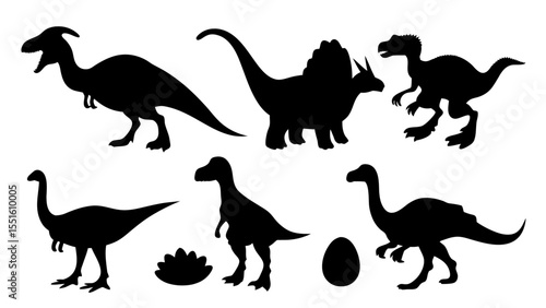 Vector illustration of dinosaur silhouette including Stegosaurus, Brontosaurus, Velociraptor, Triceratops, Tyrannosaurus rex