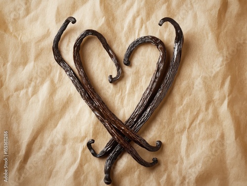 Wallpaper Mural Vanilla pods arranged in a heart shape on brown parchment paper in a warm, inviting kitchen setting Torontodigital.ca