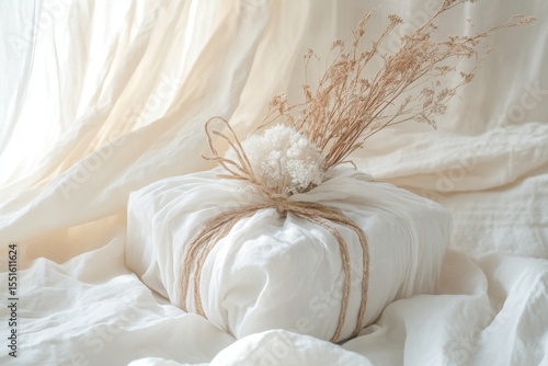 Wallpaper Mural Elegant gift wrapped in soft white fabric with dried flowers arranged on top in a serene setting Torontodigital.ca