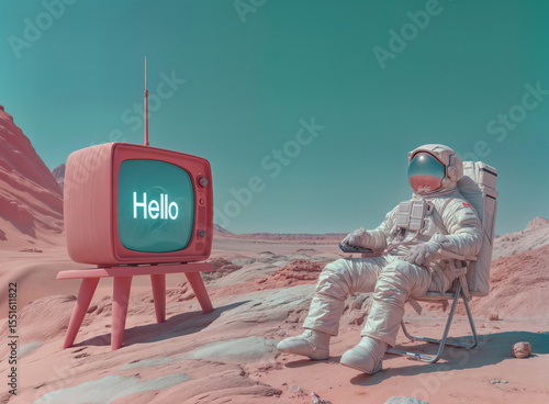 Astronaut in a spacesuit sits on a chair on a alien desert watching a retro pink TV that displays the word 