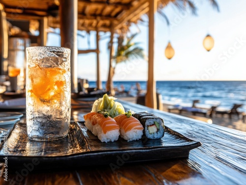 Wallpaper Mural Sushi and refreshing drink served at beachfront restaurant during sunset Torontodigital.ca