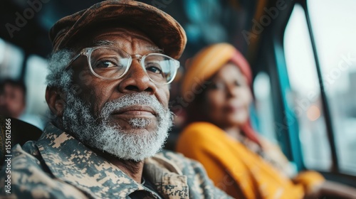 Wallpaper Mural An elderly man with glasses offers a wise expression as he relaxes on a bus, symbolizing the richness of life experiences, community, and the journey through age. Torontodigital.ca