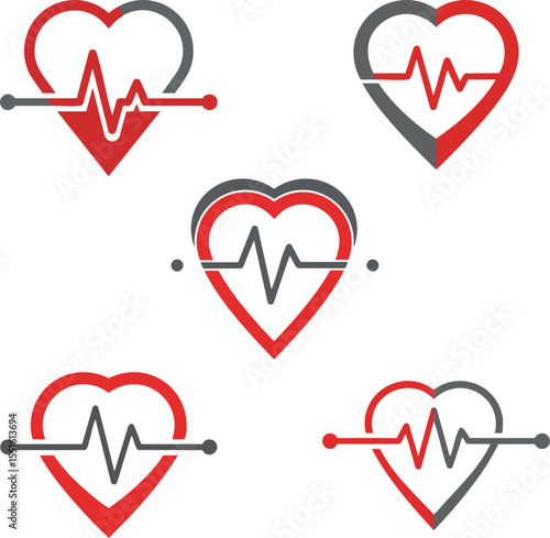 Set of Heartbeat and ECG Line Icons Inside Heart Shapes for Medical and Health logo