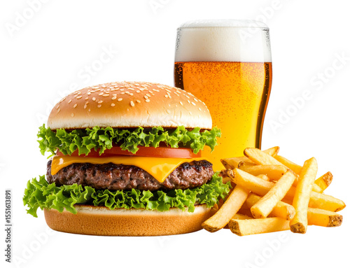  Angled View of Traditional American Burger Meal with Pint of Beer, White Light Rim and Dark Ambience, isolated on transparent background.